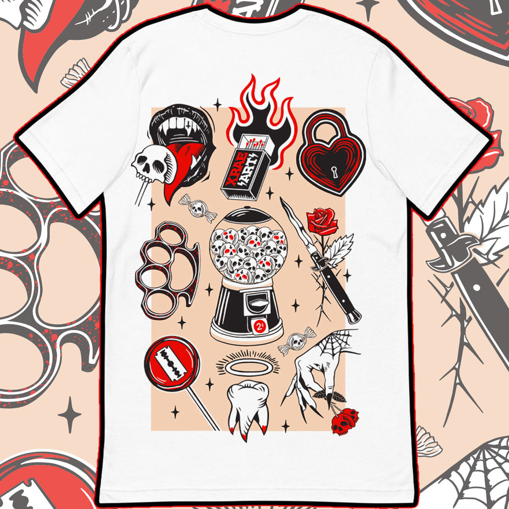 
                  
                    White short sleeve, tattoo flash t-shirt with switchblade, brass knuckles, razor blades and locket. Tattoo inspired Dark Art by Xraeart Clothing alternative streetwear.
                  
                